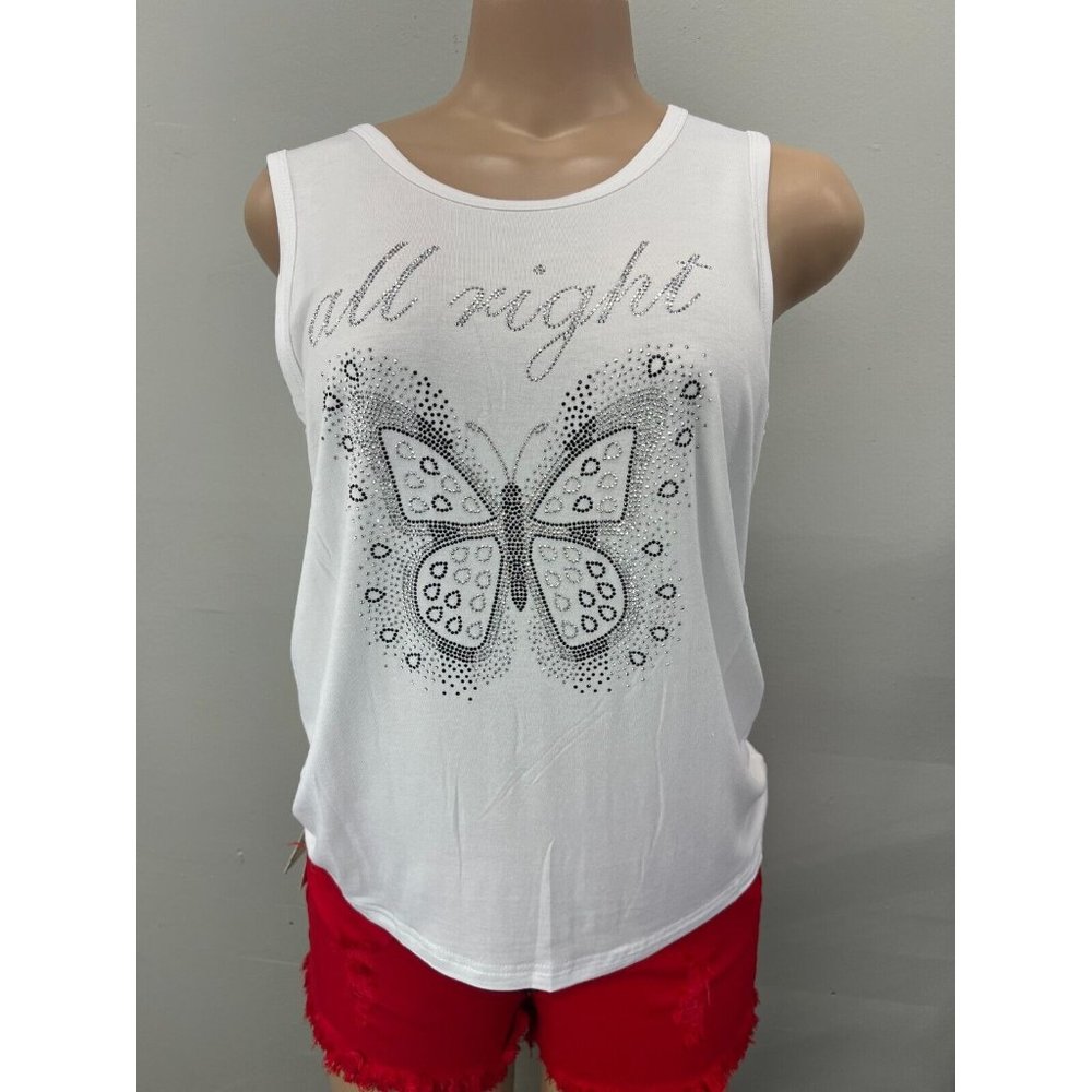 WOMEN Tank Top Shirt Sleeveless Yoga Top Rhinestone Butterfly All Right White